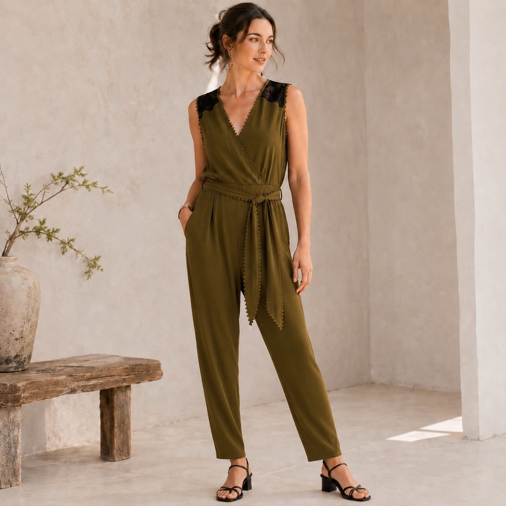 Leifsdottir Womens Olive Green Black Lace Back Scalloped‎ Trim Jumpsuit Size 12